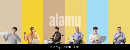 Collage of young male programmers on color background Stock Photo