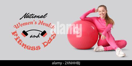 Banner for National Women's Health and Fitness Day with sporty woman with fitball Stock Photo