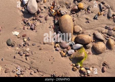 Stones, pebbles, and small rocks on the sandy beach in Cove, on the east coast of Scotland. Stock Photo