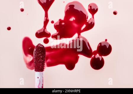 Abstract splashes of lip gloss tint sample and brush Stock Photo