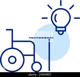 Wheelchair, desk and light bulb. Innovation in inclusivity and career opportunities for disabled people. Pixel perfect, editable stroke icon Stock Vector