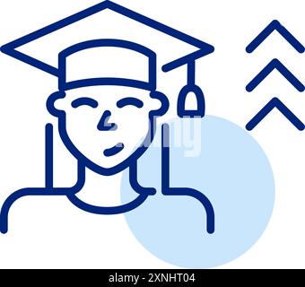 Female user avatar wearing graduation hat and arrows up. Career opportunities for women with higher education degrees. Pixel perfect, editable stroke Stock Vector