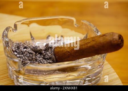 Cigar in ashtray on wooden table close up view Stock Photo