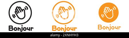 Bonjour text with hand wave icon web design logo set collection in flat vector Stock Vector
