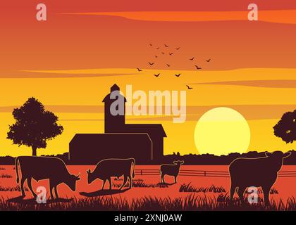Silhouette design of farm while cows eating the grass on sunset time,vector illustration Stock Vector