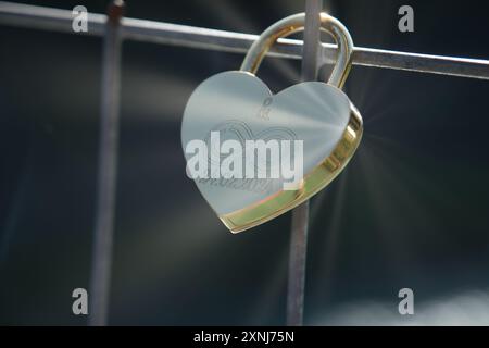 A gold heart with the number 2012 on it is hanging from a fence. The heart is attached to a metal bar with a lock Stock Photo