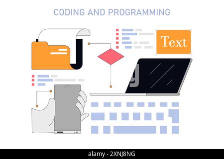 Coding and Programming concept. Digital education with abstract laptop, smartphone, and coding elements. Online learning tools and programming languages. Vector illustration. Stock Vector