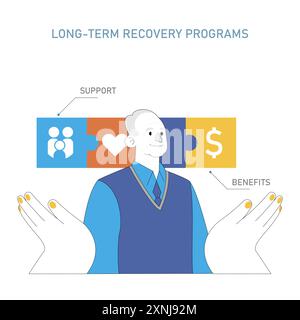 Disaster Psychology concept. Support and benefits for long-term recovery programs, highlighting human resilience and financial aid. Vector illustration. Stock Vector