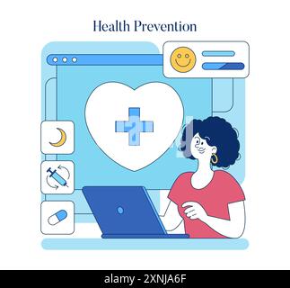 Health Prevention concept. Woman engaging in online healthcare, exploring wellness strategies with digital aids. Proactive health maintenance tools. Vector illustration. Stock Vector