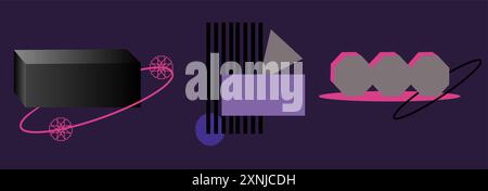 Brutalist illustration set with black, pink, and gray elements on a dark purple background. Simple geometric shapes. Abstract modern art, minimalist v Stock Vector