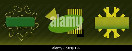 Brutalist illustration set with green and yellow elements on a green background. Simple shapes like ovals and triangles. Abstract modern art, minimali Stock Vector