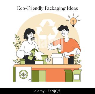 Eco-Friendly Packaging Ideas concept. Two individuals engaging in sustainable packaging activities. Creating green alternatives, promoting environmental awareness. Vector illustration. Stock Vector