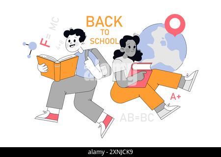 Back to School concept. Students studying and showcasing love for learning. Academic success, education journey. Vector illustration. Stock Vector