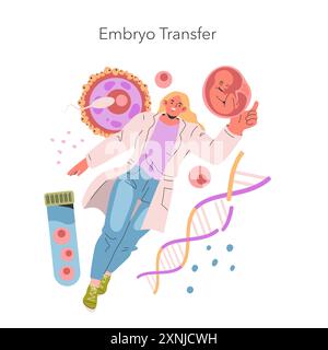 Embryo Transfer concept. A scientist showcases stages of IVF process with a zygote and fetus. Assisted reproductive technology exploration. Vector illustration. Stock Vector