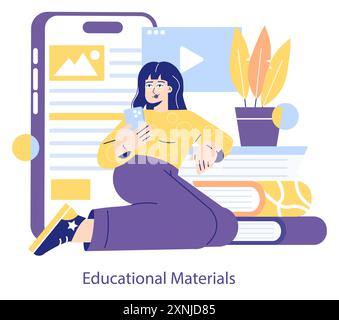 Online Education concept. A student engages in e-learning using a smartphone with digital resources at her fingertips. Comfortable remote study environment. Vector illustration. Stock Vector