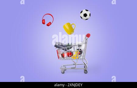 Shopping cart with products falling into it. Concept of online shopping and consumerism in a digital retail environment Stock Photo