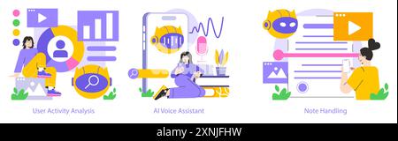 Mobile AI applications set. User activity analysis, voice assistant interaction, note handling features. Digital lifestyle and technology advancement. Vector illustration. Stock Vector