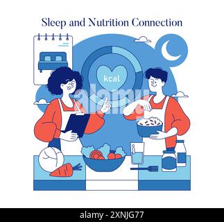 Nighttime Wellness concept. Illustration of individuals discussing diet for good sleep with icons of bed and moon. Healthy eating habits for restful night. Vector illustration. Stock Vector