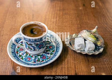 Turkish coffee served with Turkish delight candies, Istanbul, Turkey Stock Photo
