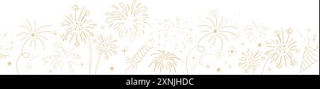 Fireworks festive explosion golden bursts, sparks in doodle style seamless pattern border. Holiday celebration decoration. . Vector illustration Stock Vector