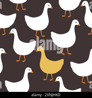Funny seamless pattern with white and yellow ducks or geese. Vector illustration on brown background Stock Vector
