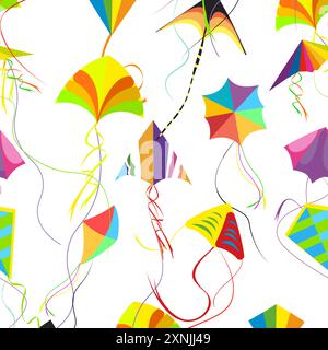 Flying kites colored pattern, makar sankranti seamless colorful design, playful summer, cartoon motif wallpaper, fun breeze childhood, flight recreati Stock Vector