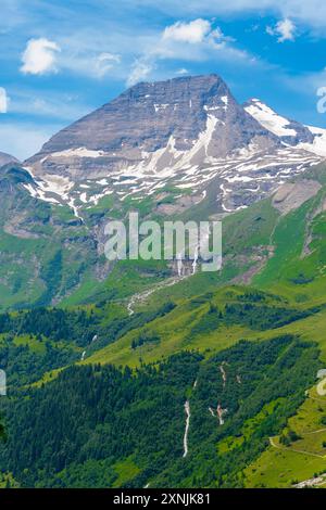 picturesque Austrian mountain scenery with bright green slopes and snow-capped peaks under a bright blue sky. Stock Photo