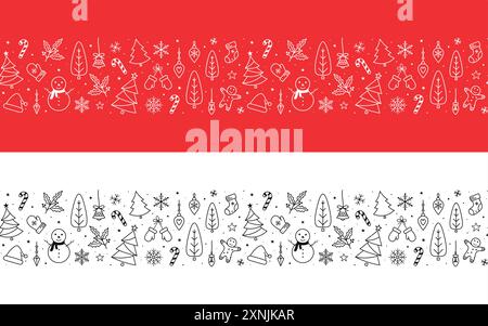 Christmas horizontal seamless pattern, hand drawn, elegant and detailed, great for christmas textiles. Festive pattern for greeting cards Stock Vector