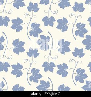 Grape vine blue with leaves pattern, vine silhouette on beige pastel background. Vector illustration Stock Vector