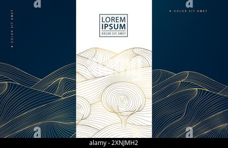 Vector set of japanese style gold line landscapes with mountains and trees. Luxury abstract nature posters, cards, tags. Traditional vintage Stock Vector