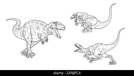 Fight between two predatory dinosaurs - Velociraptor and Giganotosaurus. Dinosaur battle to color in. Drawing with prehistoric animals. Stock Photo