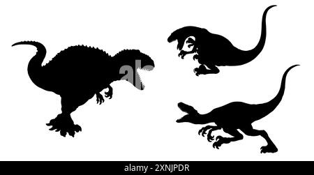 Black silhouette of carnivorous dinosaurs. Velociraptor and Giganotosaurus. Dinosaur illustration. Stock Photo