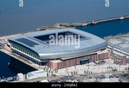 A Drone shot of the new Everton FC Football stadium at Bramley Moor Dock on the side of the river Mersey, Liverpool, north west England, UK Stock Photo