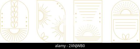 Golden sun boho frames set. Minimalistic symbols with sun rays for astrology, astronomy and zodiac, clip art. Simple line art, wall art, vector Stock Vector