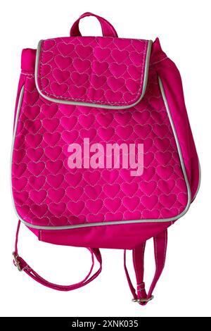 Girls pink backpack rucksack bag with hearts on isolated on white background Stock Photo