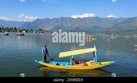 A man riding a Shikara boat on Dal Lake, Srinagar, Jammu and Kashmir, India. Stock Photo