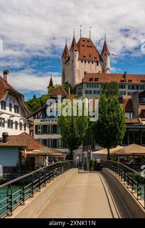 View of the old town and the castle of Thun in Switzerland. Stock Photo