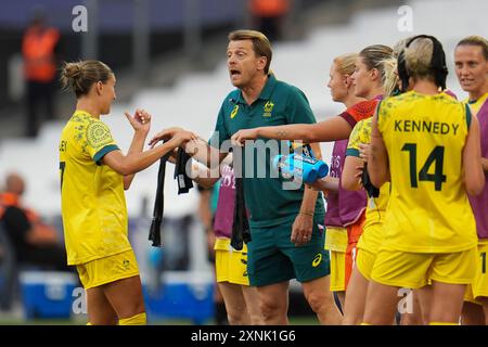 Marseille, France. 31st July, 2024. Coach Tony Gustavsson (Australia) and Steph Catley, Football, Women's Group B between Australia and United States during the Olympic Games Paris 2024 on 31 July 2024 at Velodrome stadium in Marseille, France - Photo Norbert Scanella/Panoramic/DPPI Media Credit: DPPI Media/Alamy Live News Stock Photo