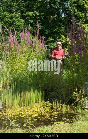 elderly retired man sitting on a bench seat in his garden peacefully looking at his wildlife pond with plants as his interesting hobby project Stock Photo