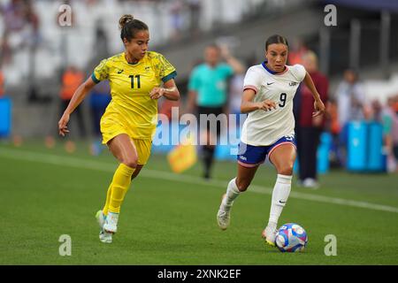 Mallory Swanson (USA) and Mary Fowler (Australia), Football, Women&#39;s Group B between Australia and United States during the Olympic Games Paris 2024 on 31 July 2024 at Velodrome stadium in Marseille, France Stock Photo