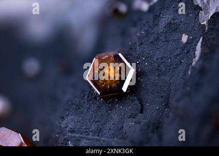 Micro perfect Hexagonal Vanadinite crystal. photography extreme close-up. Specimen from Mibladen, Morocco. microscope mineral crystal photography for Stock Photo