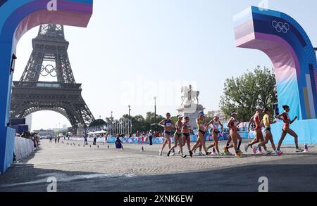 Paris, France. 1st Aug, 2024. Athletes compete during the women's 20km race walk of athletics at the Paris 2024 Olympic Games in Paris, France, Aug. 1, 2024. Credit: Li Ying/Xinhua/Alamy Live News Stock Photo