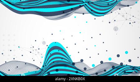 Abstract wavy background with cyan lines and wireframe wave. Hand drawn vector. Stock Vector