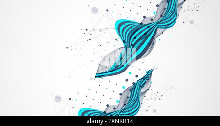 Abstract wavy background with cyan lines and wireframe wave. Hand drawn vector. Stock Vector