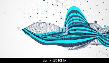 Abstract wavy background with cyan lines and wireframe wave. Hand drawn vector. Stock Vector