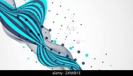 Abstract wavy background with cyan lines and wireframe wave. Hand drawn vector. Stock Vector