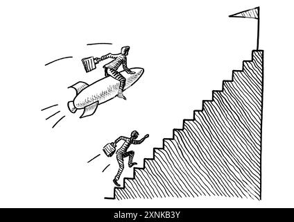 Freehand pen drawing of business man on rocket flying past a manager running upstairs towards the goal post. Metaphor for career challenge, competitio Stock Photo