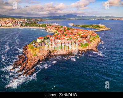 Sozopol, Bulgaria. Aerial view of the old town Apollonia, coastline charming city, Burgas region. Stock Photo