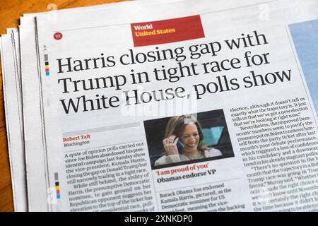 Kamala 'Harris closing gap with (Donald) Trump in tight race for White House, polls show' Guardian newspaper headline election campaign 27 July 2024 Stock Photo