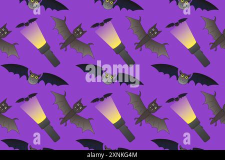 Spooky seamless pattern featuring bats and flashlights, perfect for Halloween decorations, party invites, and spooky crafts. Stock Vector